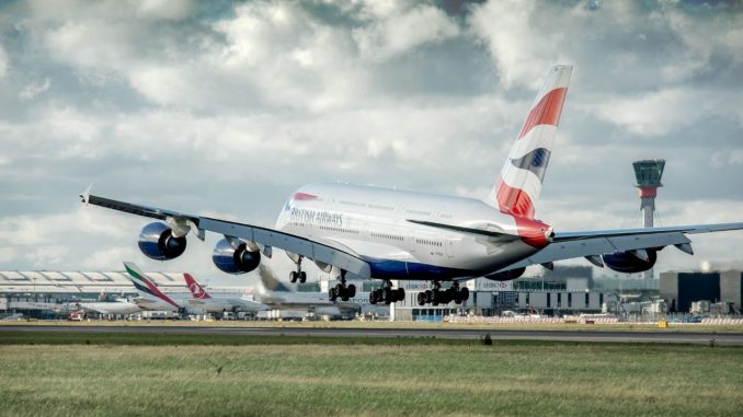 British Airways Airbus A380 landing at London Hearthow Airport